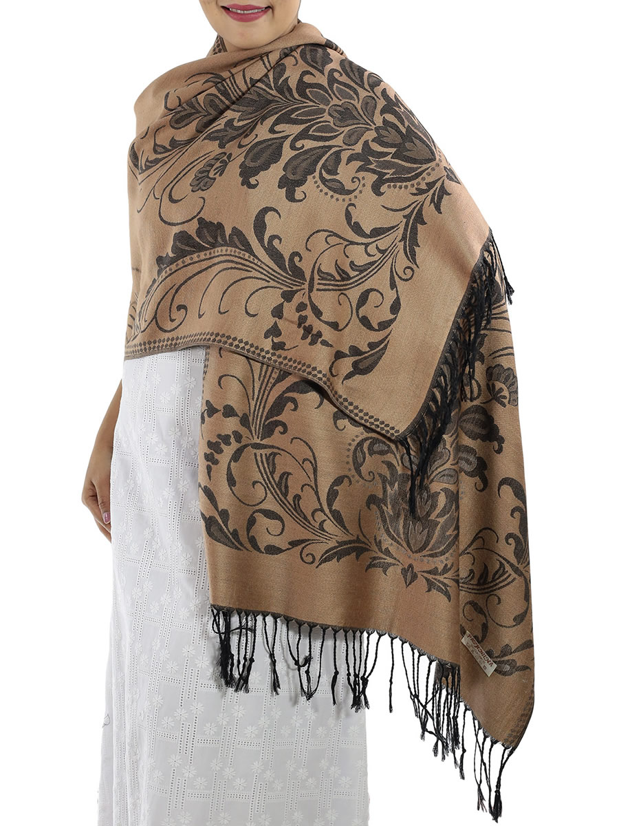 Patterned Brown Pashmina Shawls: image 1