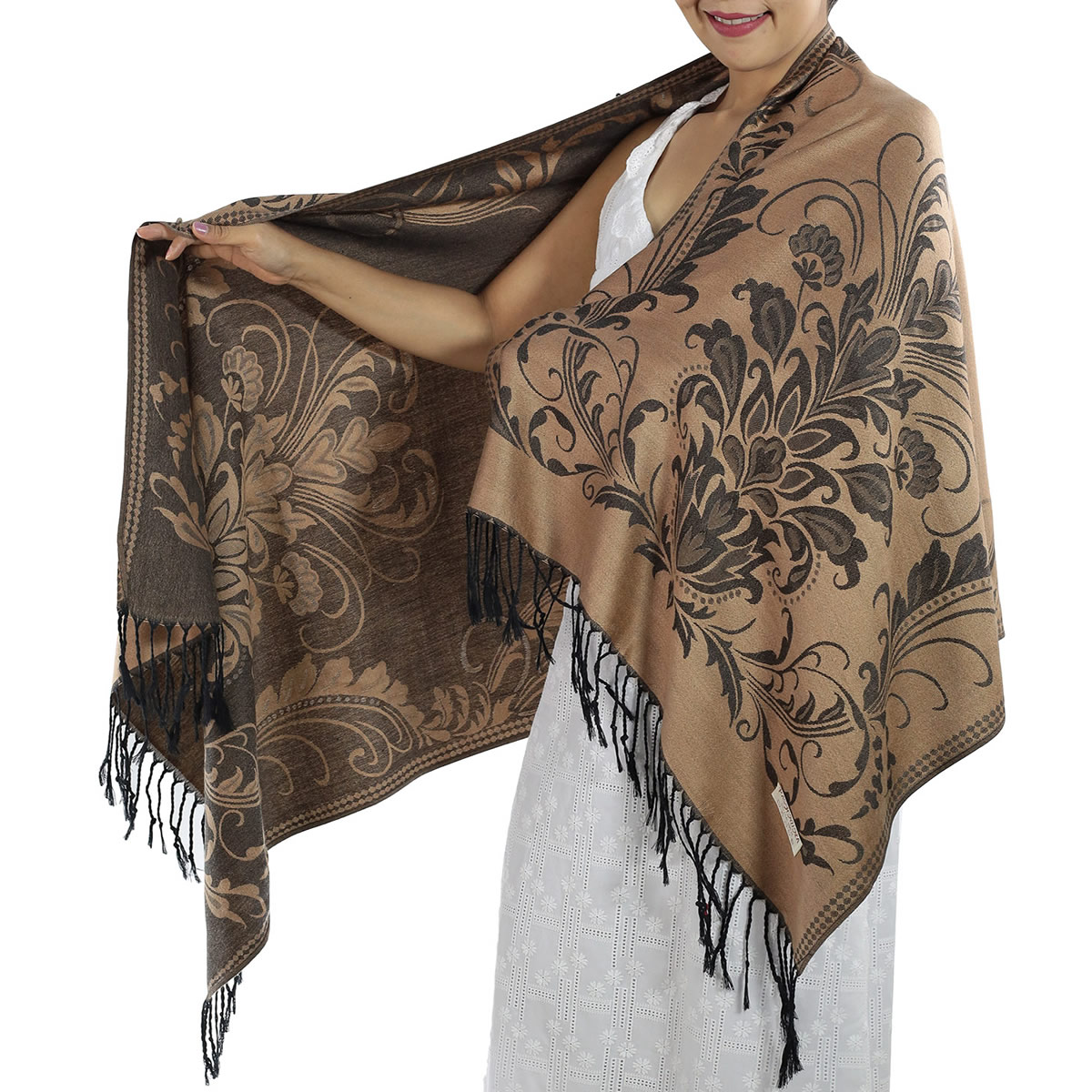 Patterned Brown Pashmina Shawls: image 2