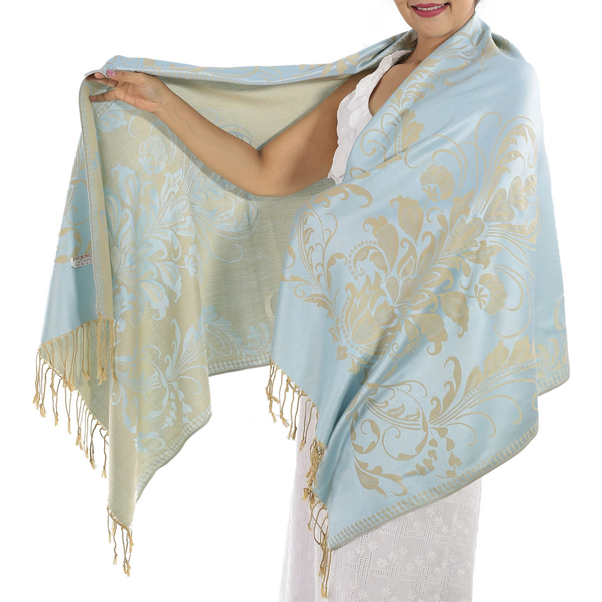Patterned Silvery Blue Pashmina Shawls