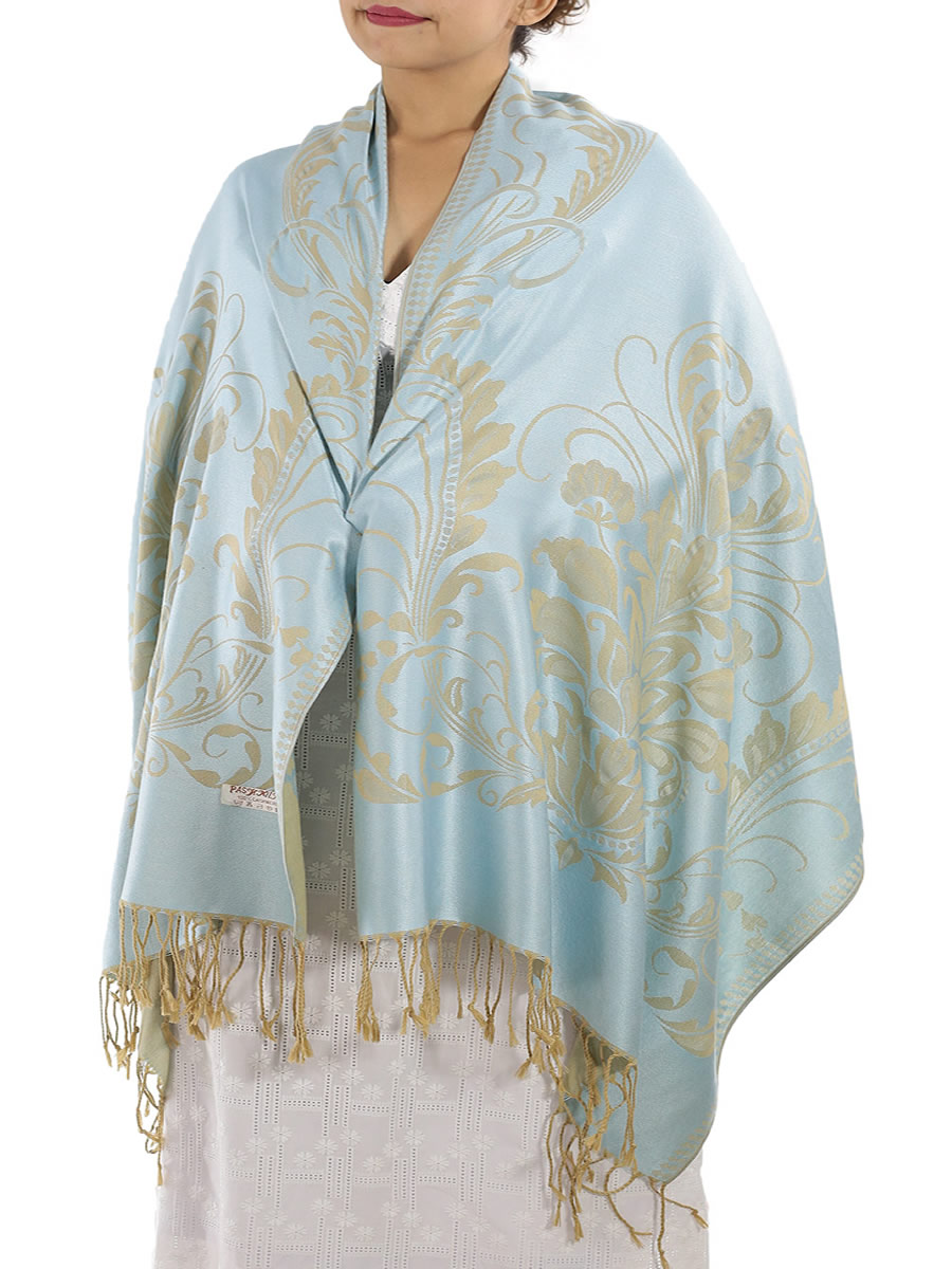 Patterned Silvery Blue Pashmina Shawls: image 3